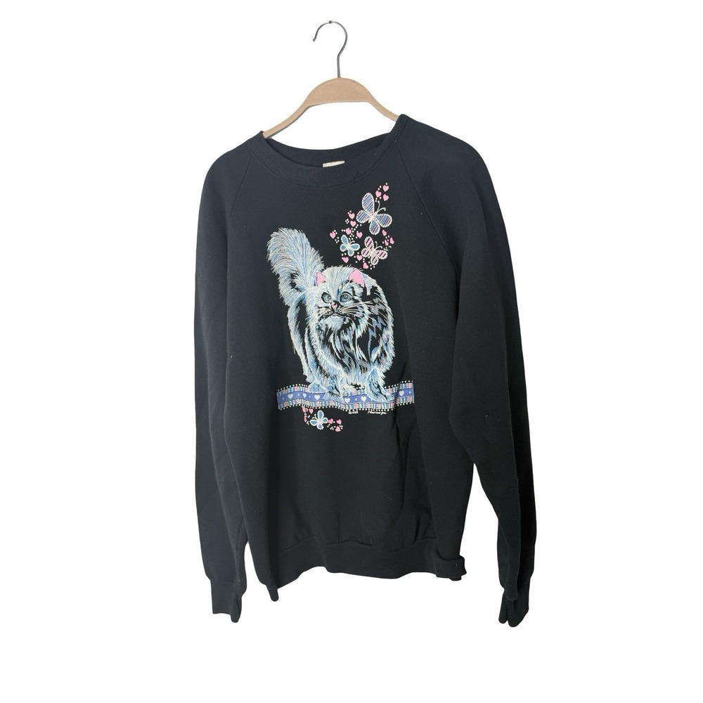 Fruit of the Loom USA 1988 puffy paint Kitty Cat butterfly crewneck sweatshirt L